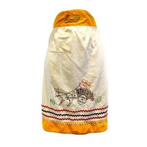 Vintage Apron Women White Yellow Waist Hand Embroidery Handmade Cotton Donkey